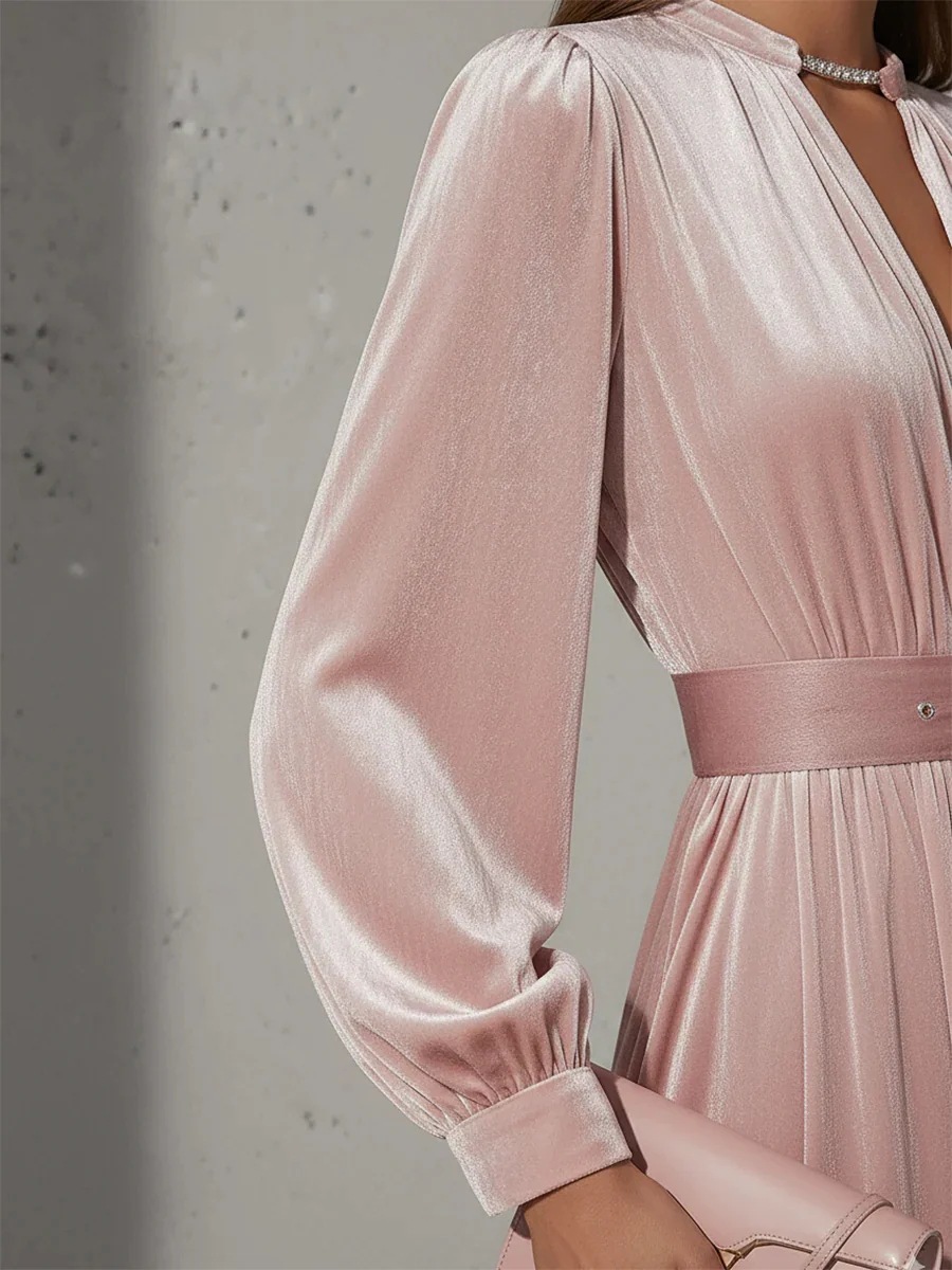 Women's Velvet Midi Dress V-Neck Waist-Cinched with Metal Accents