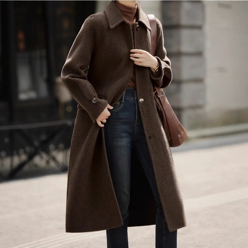 Long Slim Wool Coat Women's Belted Casual Outerwear for Street Fashion