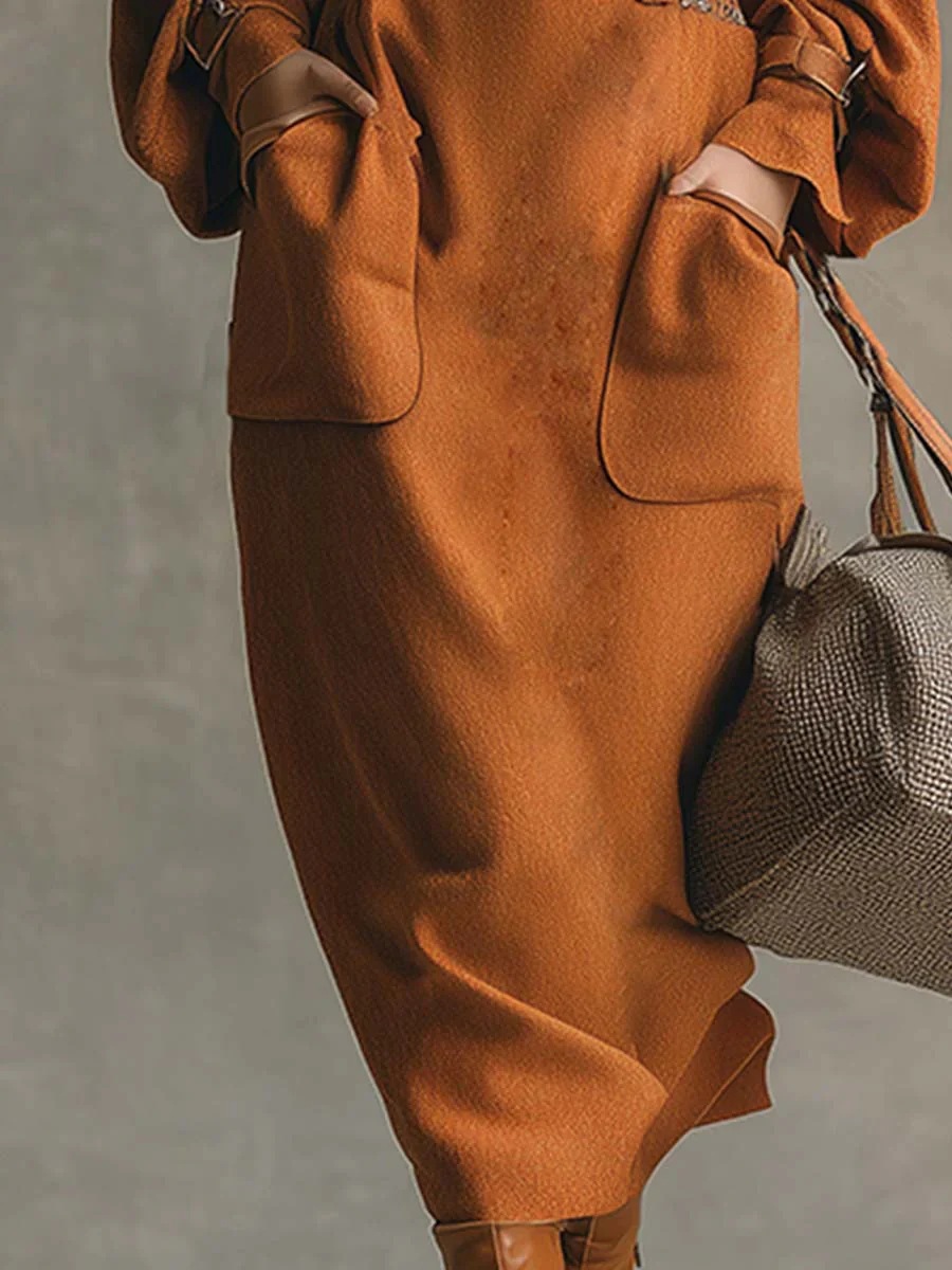 Loose Casual Women's Solid Crew Neck Dress Long Sleeve Midi Dress for Comfort & Style