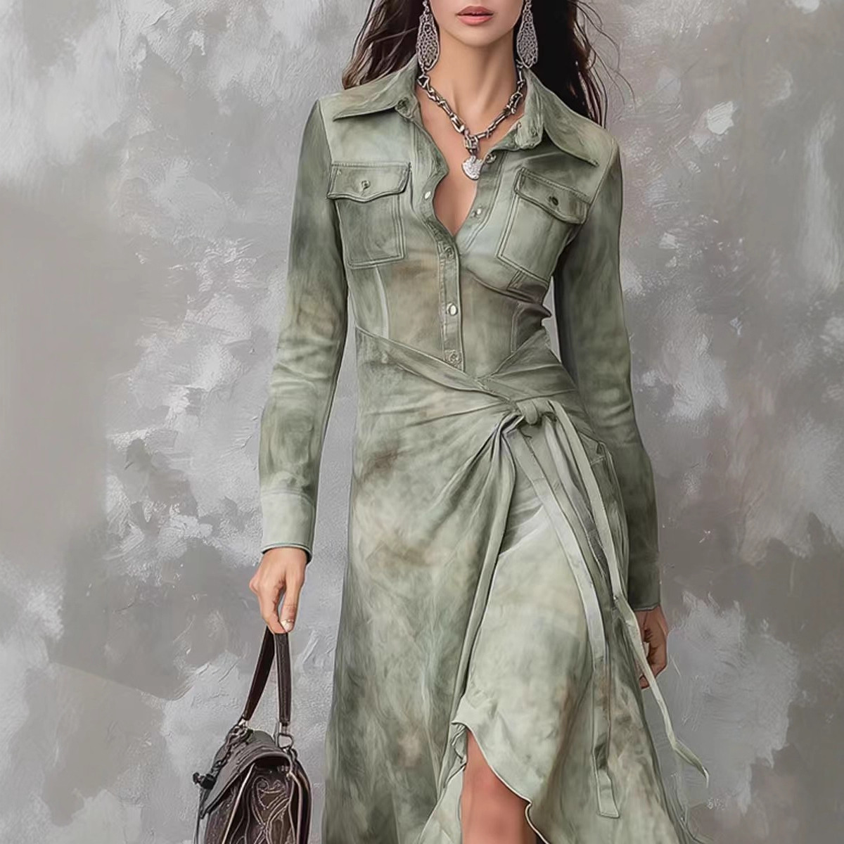 Retro Printed Maxi Dress Long Sleeve Vacation Dress with Artistic Dyeing