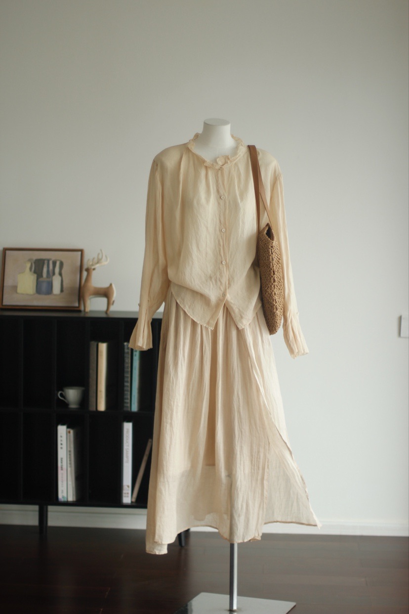 手工植物染苎麻长袖花边领衬衫/半裙