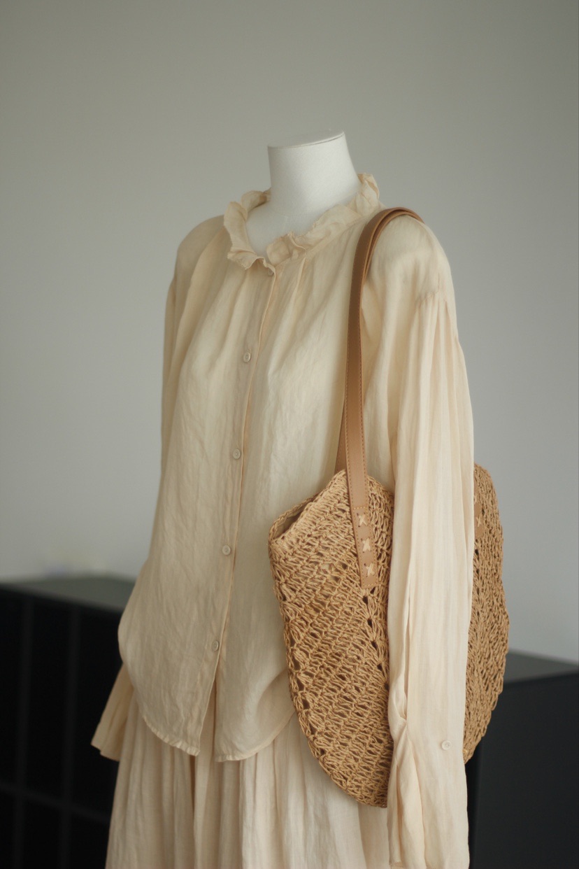 手工植物染苎麻长袖花边领衬衫/半裙