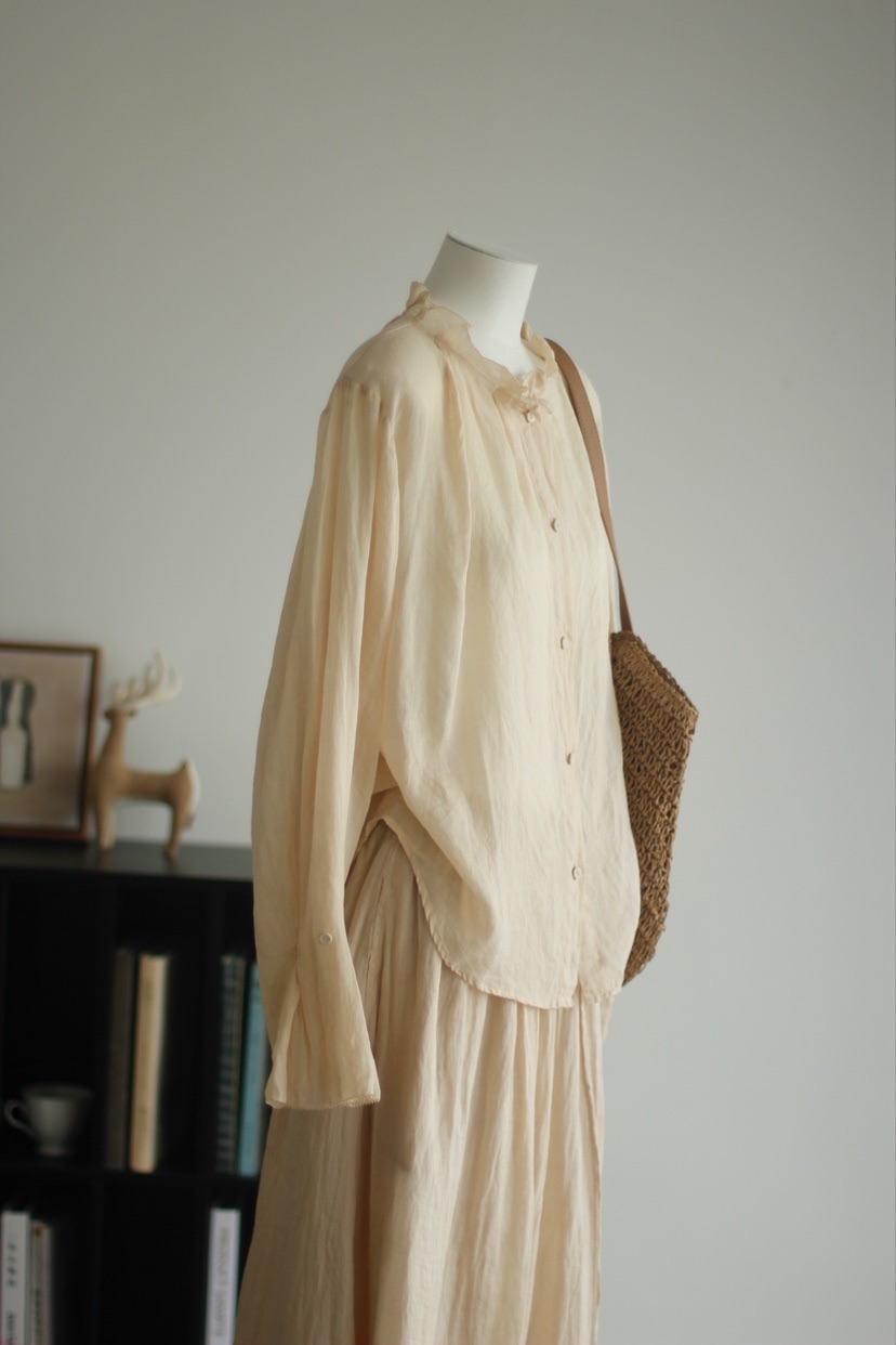 手工植物染苎麻长袖花边领衬衫/半裙
