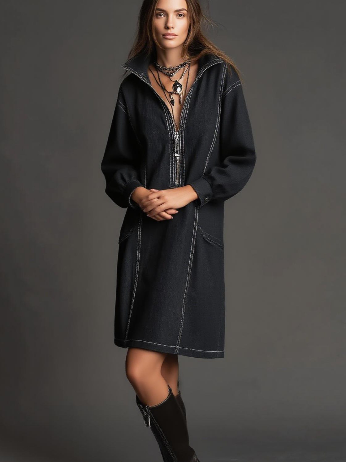 Women's Retro Denim Dress with Zippered Polo Collar