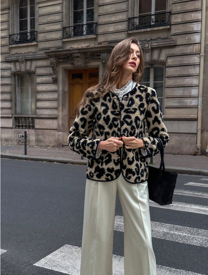 Women's Winter Shearling Jacket Leopard Print Cropped Lapel Single-Breasted
