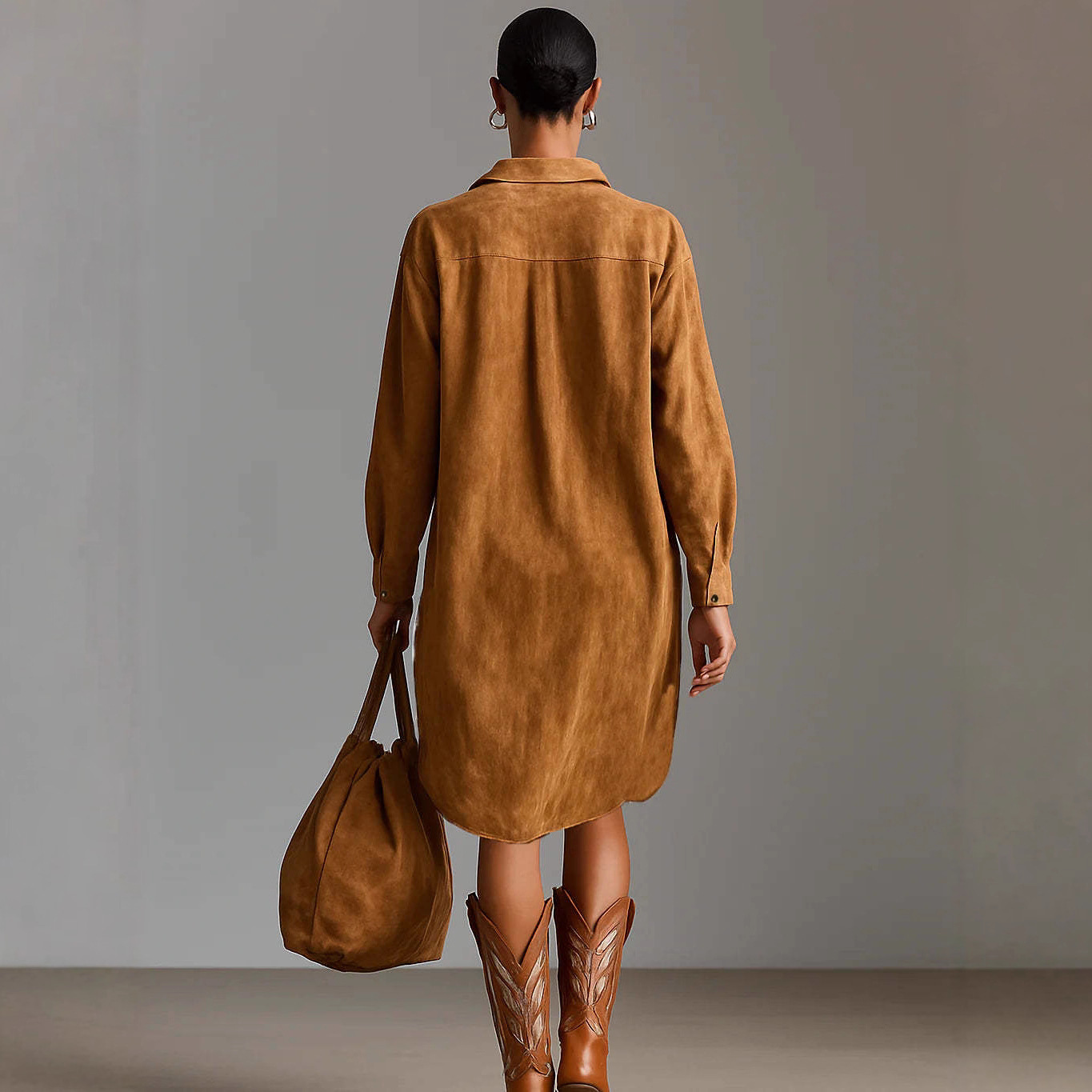 Women's Suede Shirt Dress Heavy Embroidery V-Neck Long Sleeve Pullover