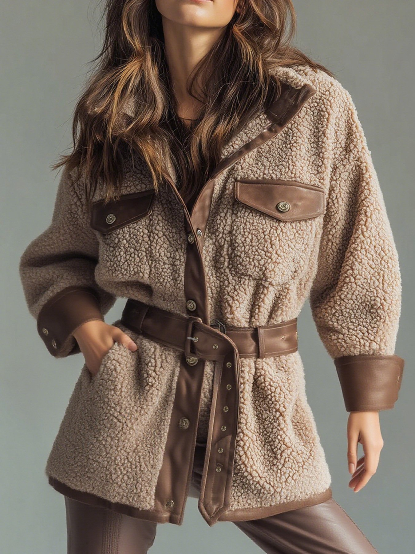 Women's Retro Fleece Coat Patch Pockets & Belted Warm Winter Outerwear