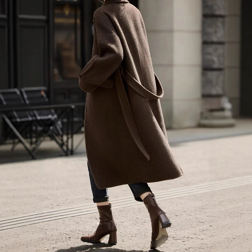 Long Slim Wool Coat Women's Belted Casual Outerwear for Street Fashion