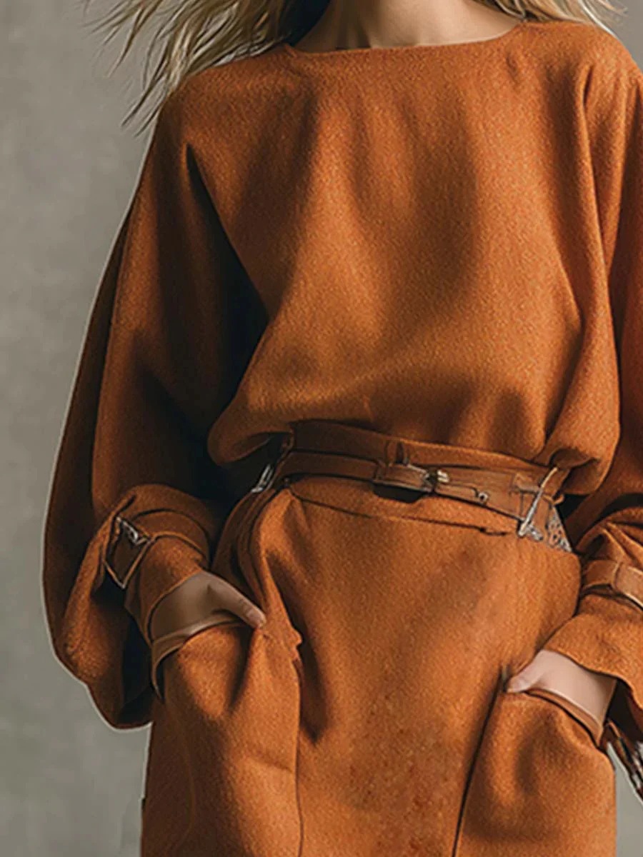 Loose Casual Women's Solid Crew Neck Dress Long Sleeve Midi Dress for Comfort & Style