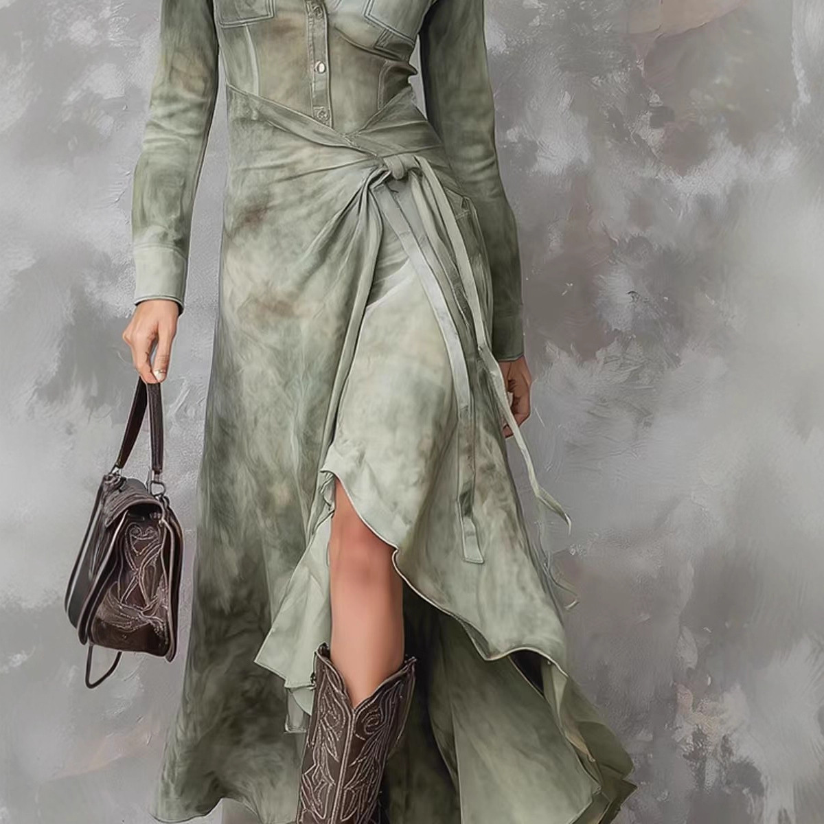 Retro Printed Maxi Dress Long Sleeve Vacation Dress with Artistic Dyeing