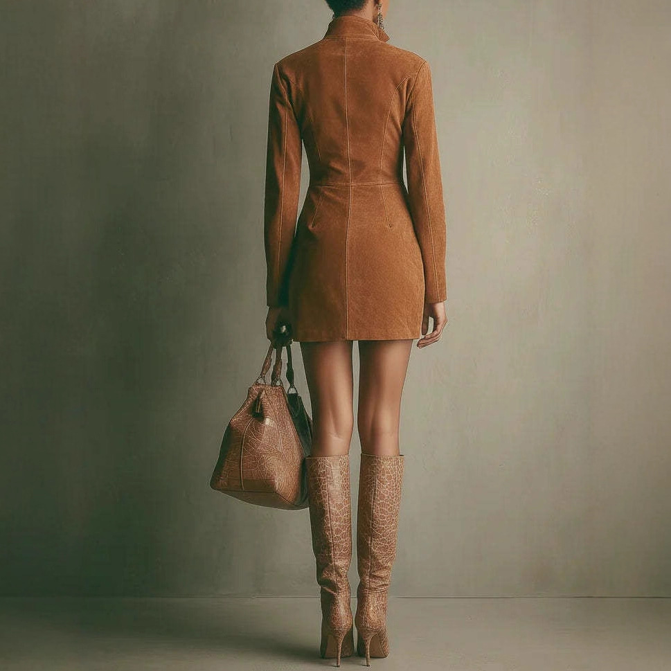 Suede Stand Collar Dress Long Sleeve Dress with Zipper Pockets & Retro Charm