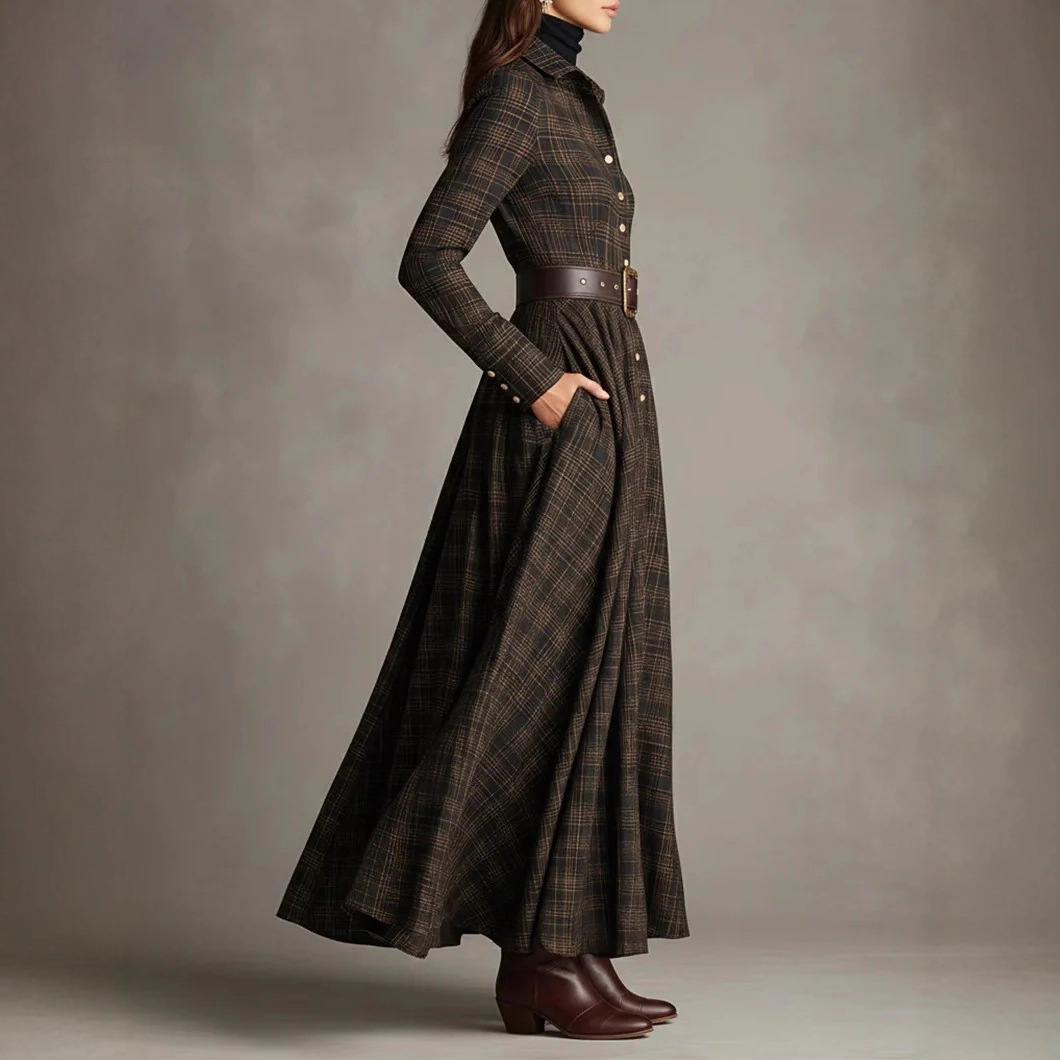 Printed Shirt Dress Collared Maxi Dress with Elastic Waist & Flowy Skirt