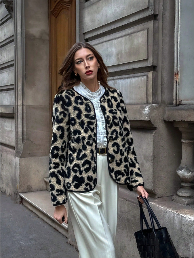 Women's Winter Shearling Jacket Leopard Print Cropped Lapel Single-Breasted
