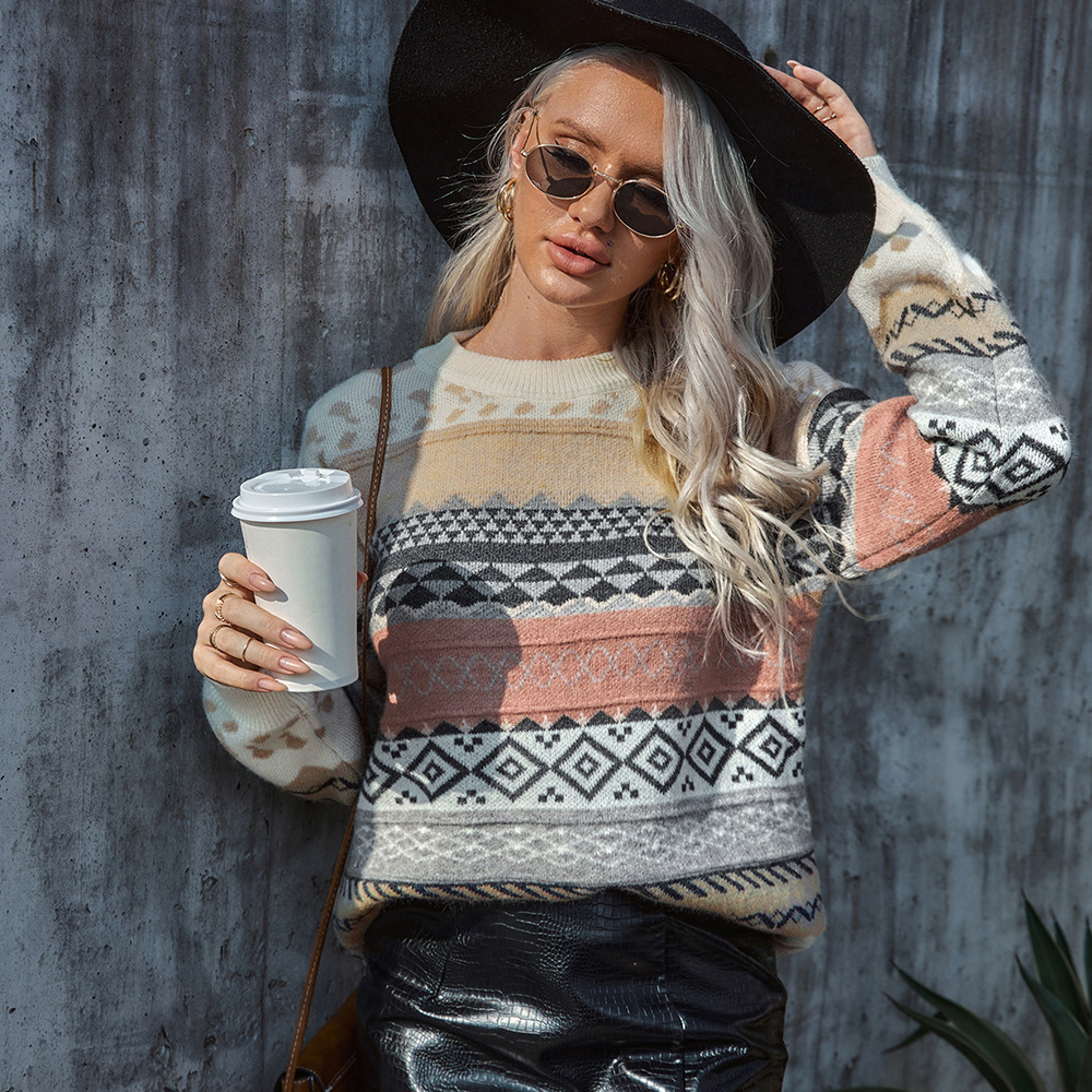 Women's Christmas Knit Sweater Retro Jacquard Color Block Crew Neck Loose Fit