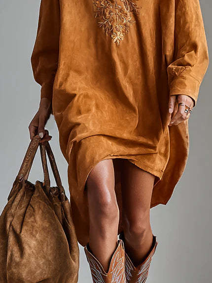 Women's Suede Shirt Dress Heavy Embroidery V-Neck Long Sleeve Pullover