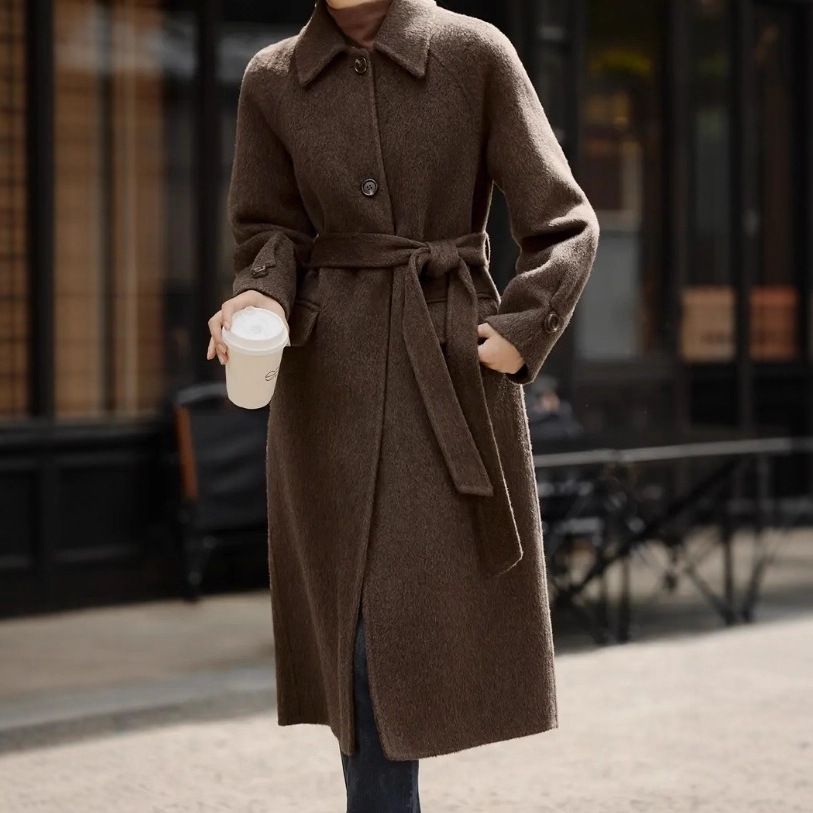 Long Slim Wool Coat Women's Belted Casual Outerwear for Street Fashion
