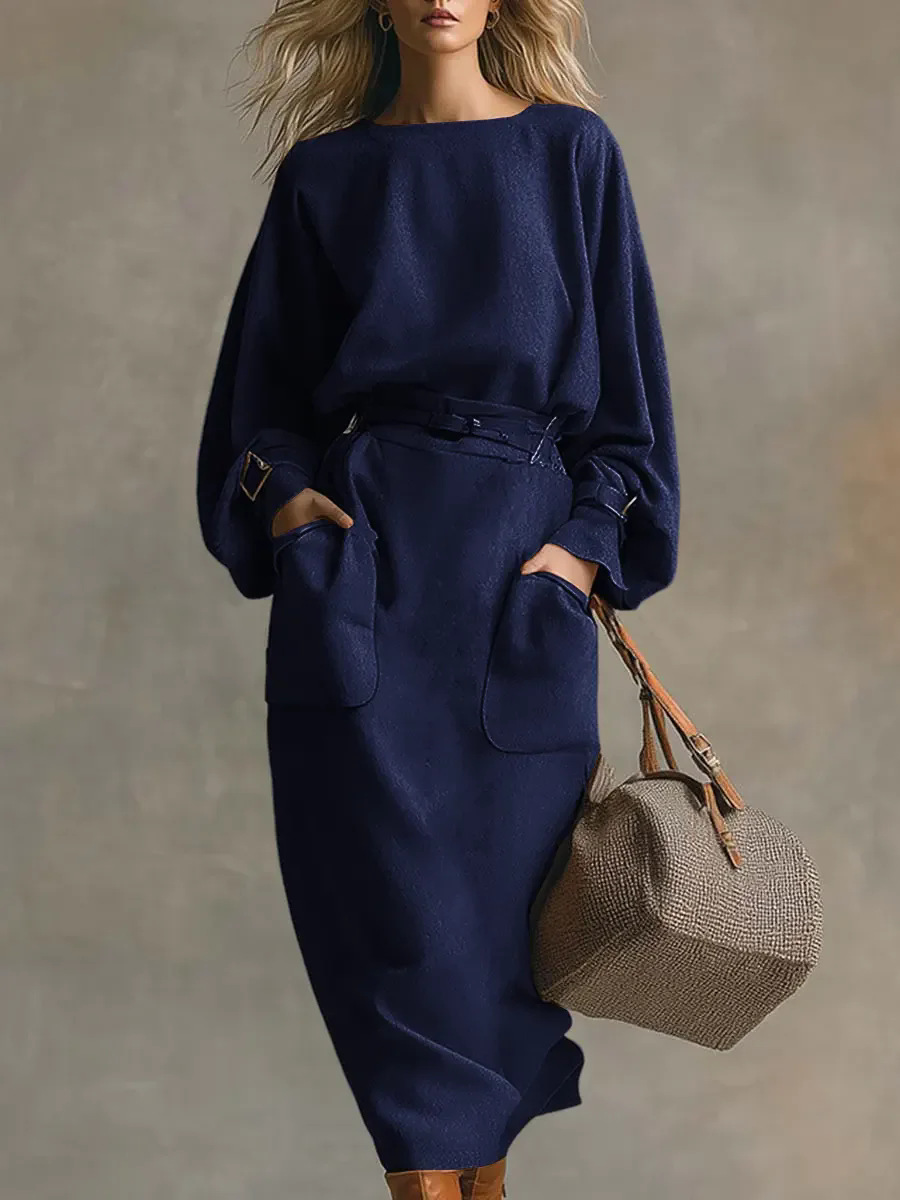 Loose Casual Women's Solid Crew Neck Dress Long Sleeve Midi Dress for Comfort & Style