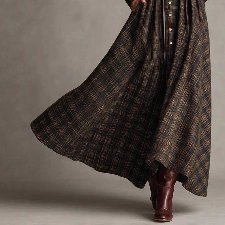 Printed Shirt Dress Collared Maxi Dress with Elastic Waist & Flowy Skirt