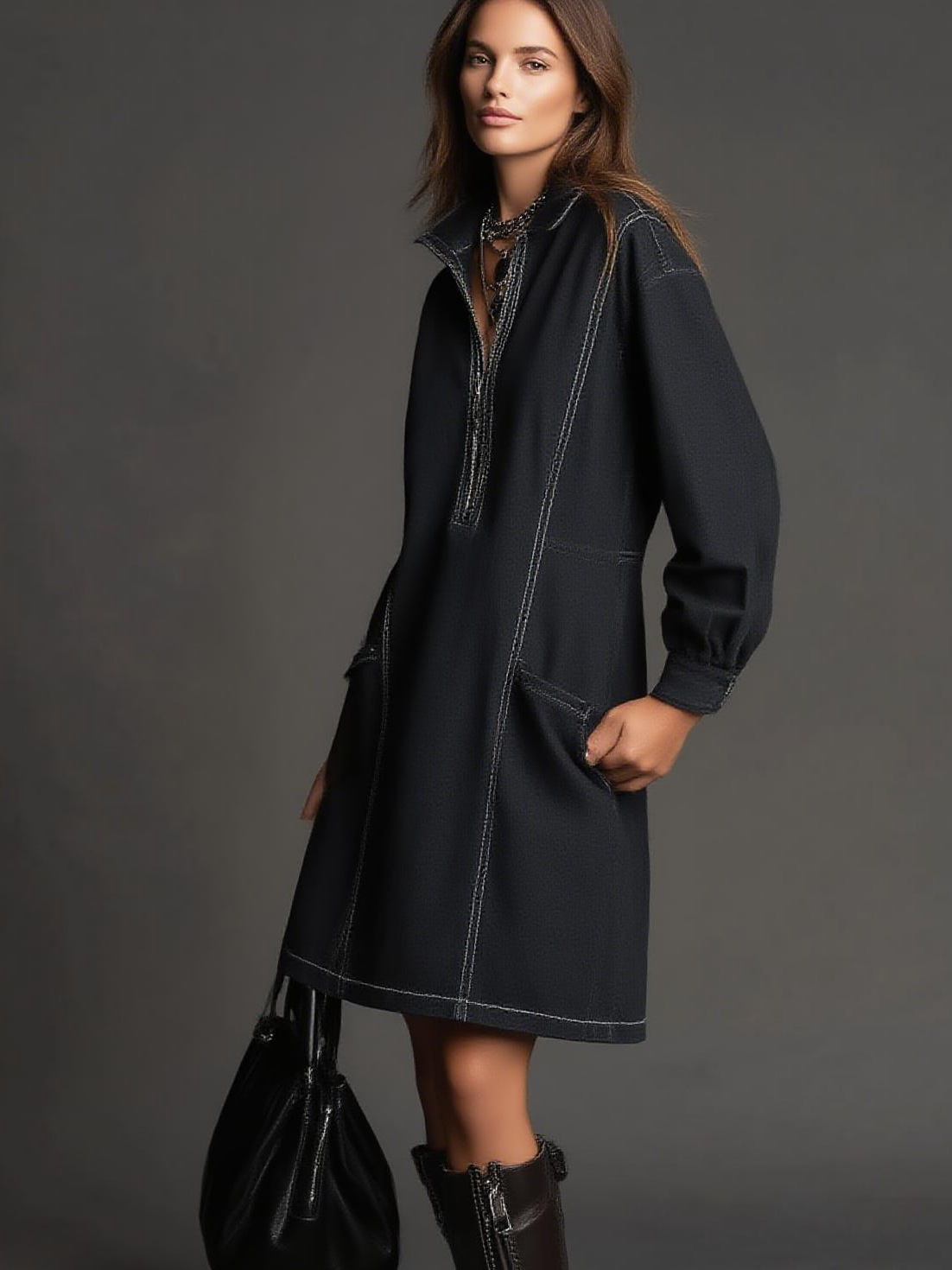 Women's Retro Denim Dress with Zippered Polo Collar