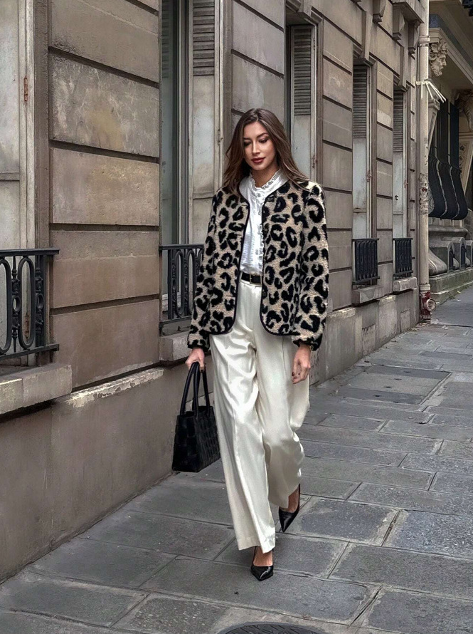 Women's Winter Shearling Jacket Leopard Print Cropped Lapel Single-Breasted