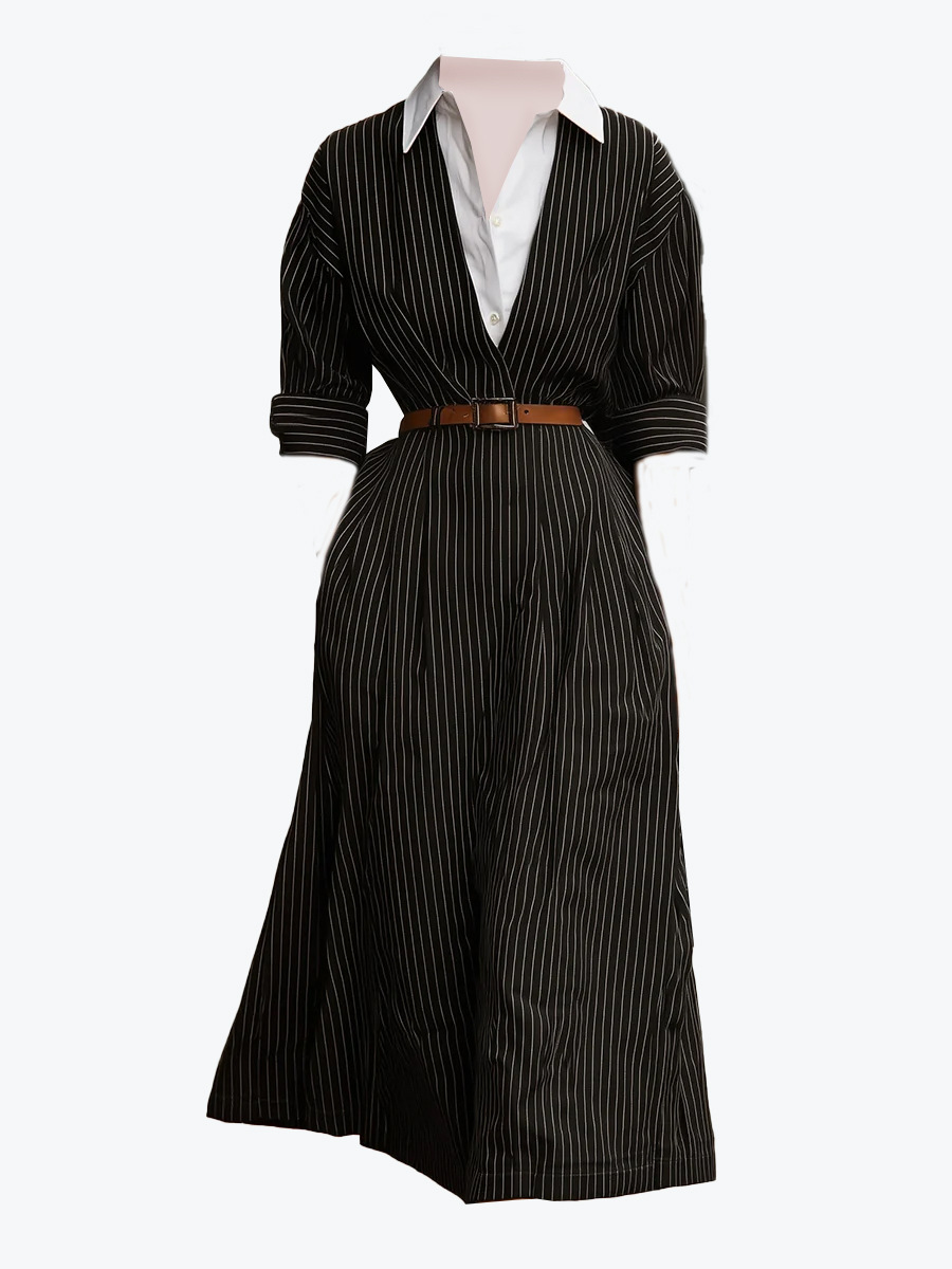 Women's Fall Shirt Dress Retro Striped Waist-Tie Contrast Collar