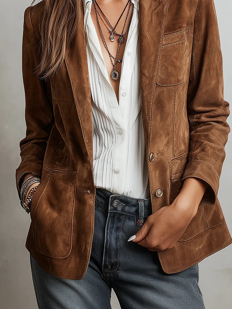 Women's Suede Leather Jacket Retro Elegant Single-Breasted Coat
