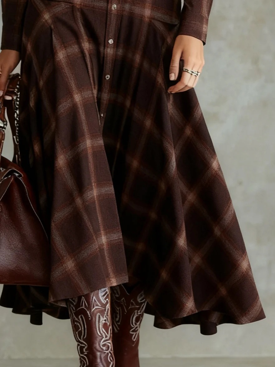 Women's Retro Plaid Shirt Dress Loose Waist-Tie Plus Size Long Sleeve