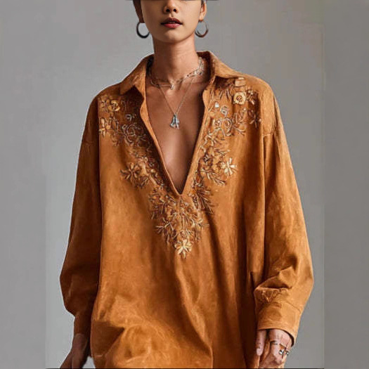 Women's Suede Shirt Dress Heavy Embroidery V-Neck Long Sleeve Pullover