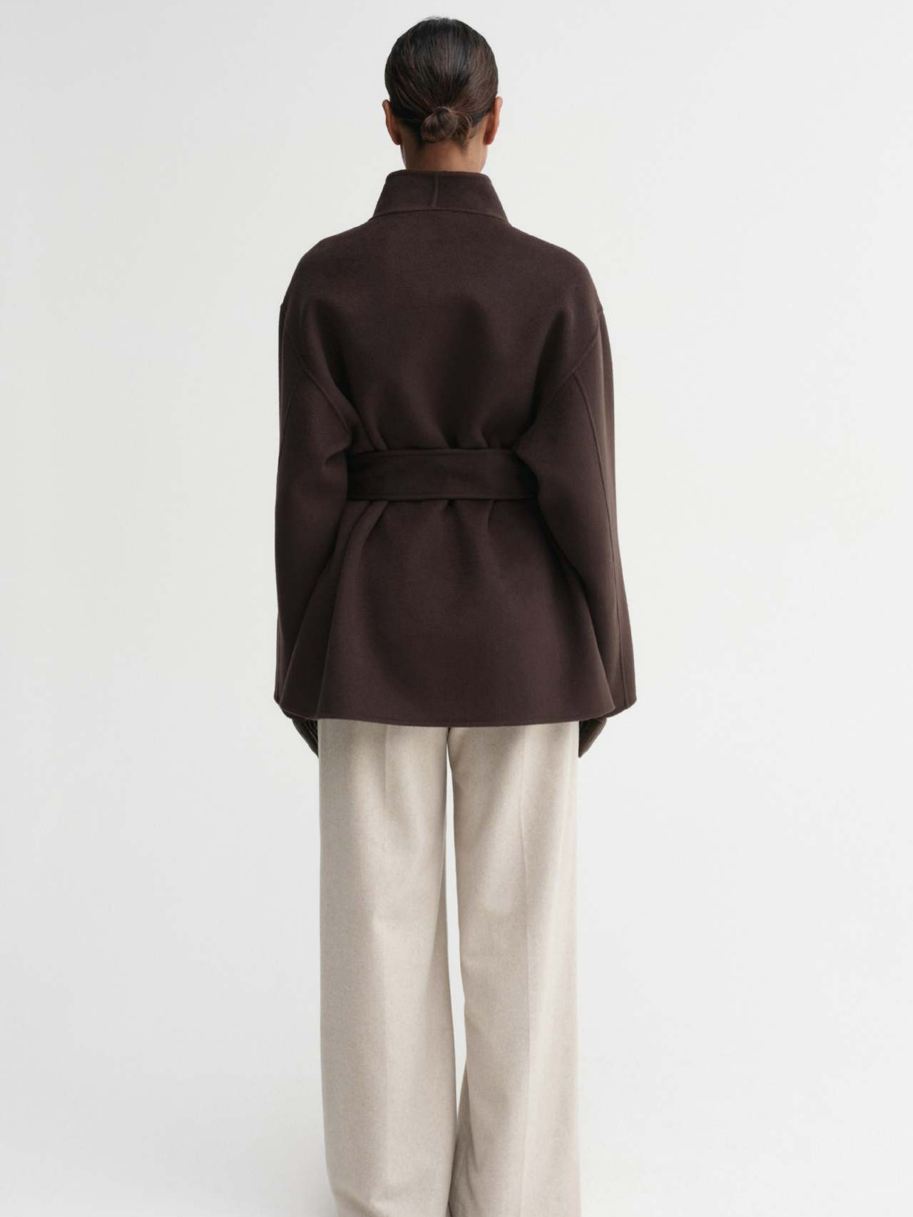 Women's Dark Brown Wool Blend Coat: Loose Short Style with Belt Elegant Outerwear