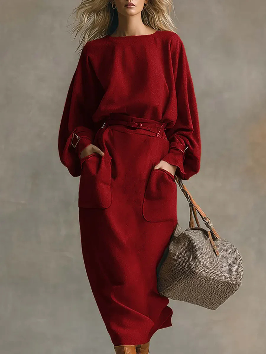 Loose Casual Women's Solid Crew Neck Dress Long Sleeve Midi Dress for Comfort & Style