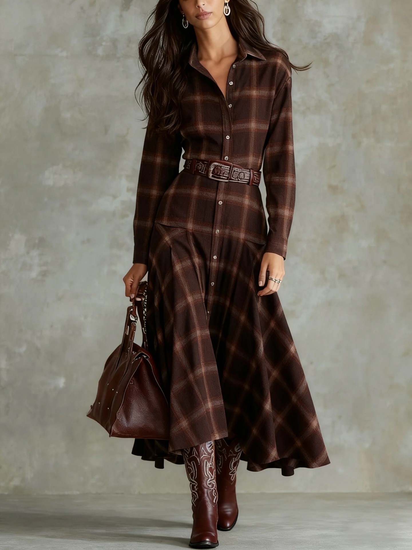 Women's Retro Plaid Shirt Dress Loose Waist-Tie Plus Size Long Sleeve
