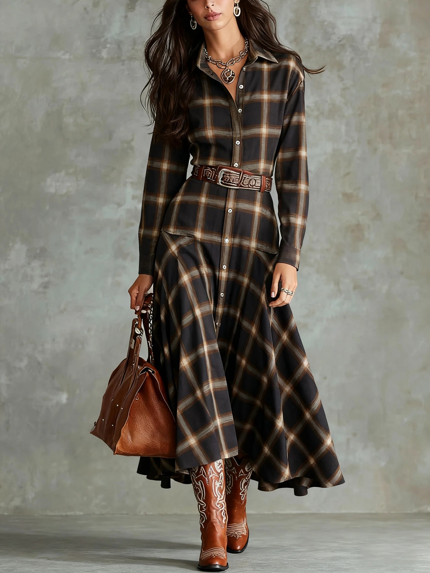 Women's Retro Plaid Shirt Dress Loose Waist-Tie Plus Size Long Sleeve