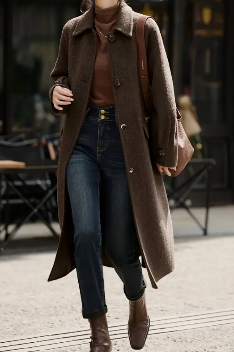 Long Slim Wool Coat Women's Belted Casual Outerwear for Street Fashion