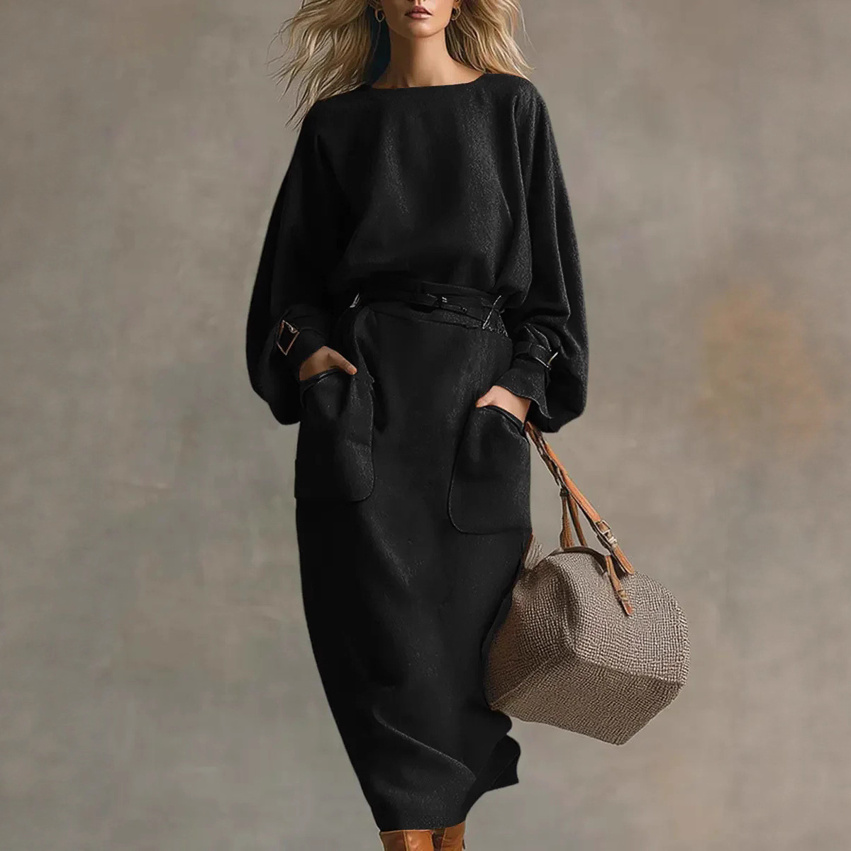 Loose Casual Women's Solid Crew Neck Dress Long Sleeve Midi Dress for Comfort & Style