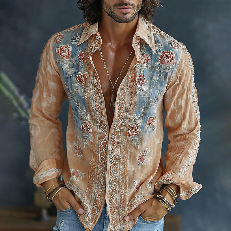 Men's Spring Floral Embroidered Art Print Flowy Linen Blend Casual Shirt