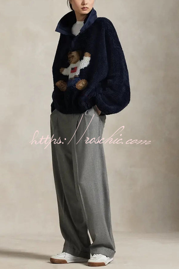 American Retro Polo Bear Pattern Stand Button Neck Long Sleeve Fleece Pullover