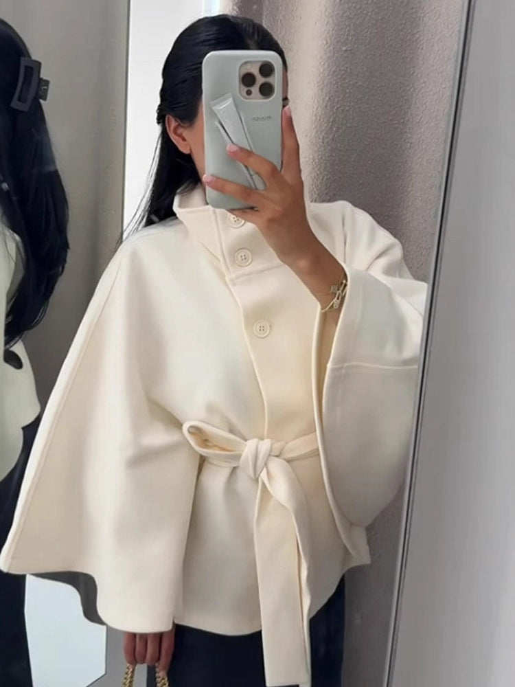 Solid color cape stand collar button belt coat