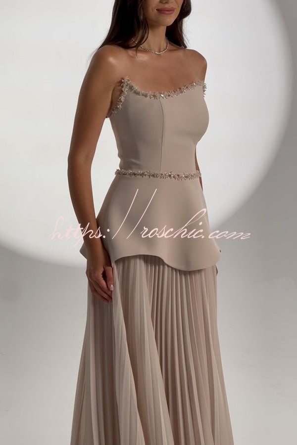 Capture The Moment Gem Trim Pleated Hem Strapless Maxi Dress