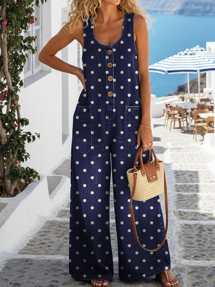 Women's Dots Art Print Casual Denim Jumpsuit