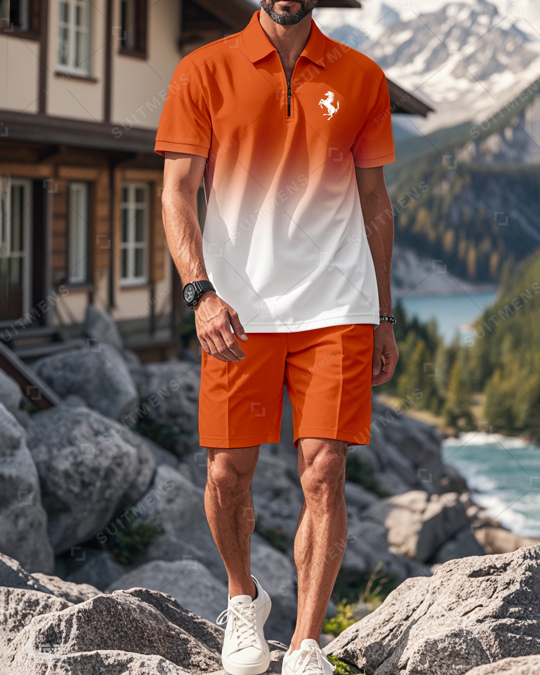 Men's Gradient Colorblock Summer Polo Short Sleeve Shorts Suit 03