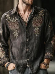 Vintage Western Floral Men's Linen Long Sleeve Shirt