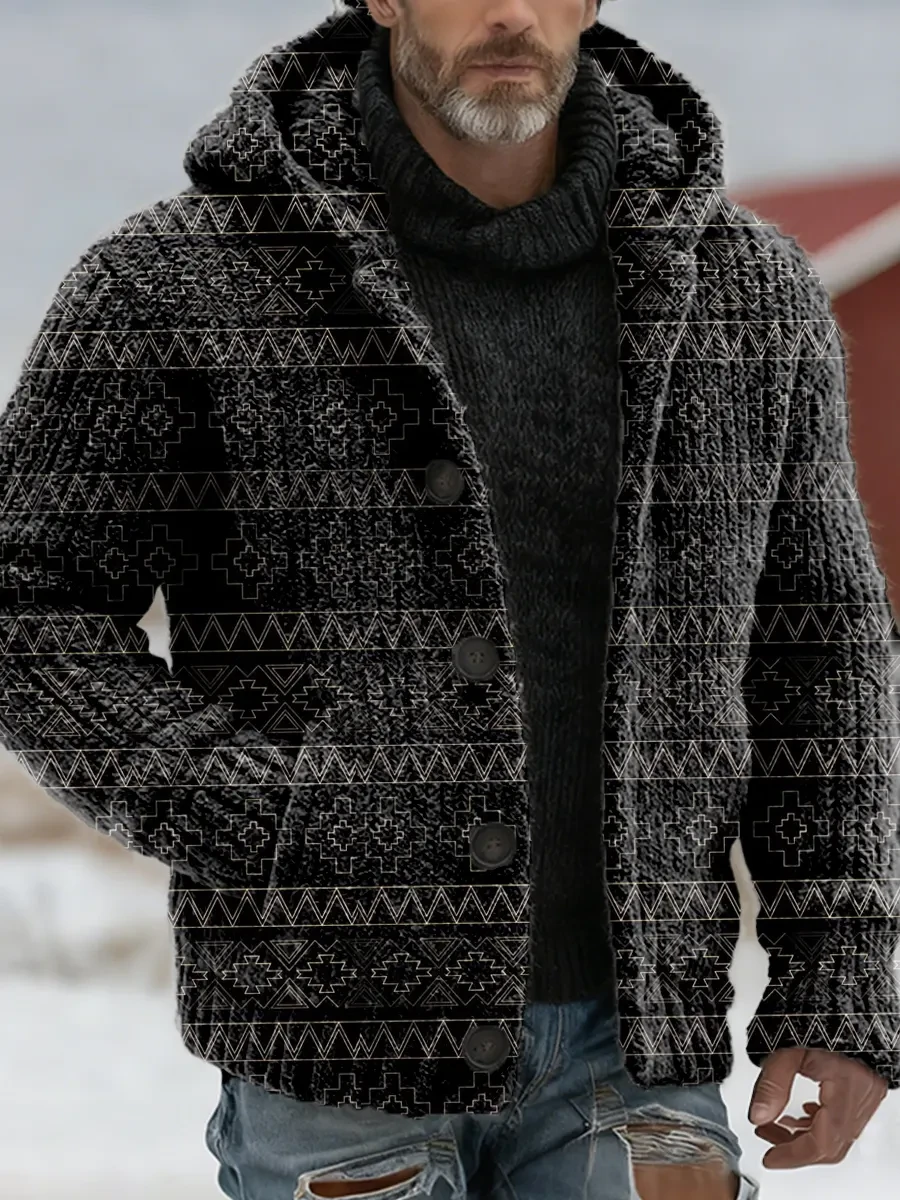 Vintage Abstract Art Print Bottoned Sweater Cardigan