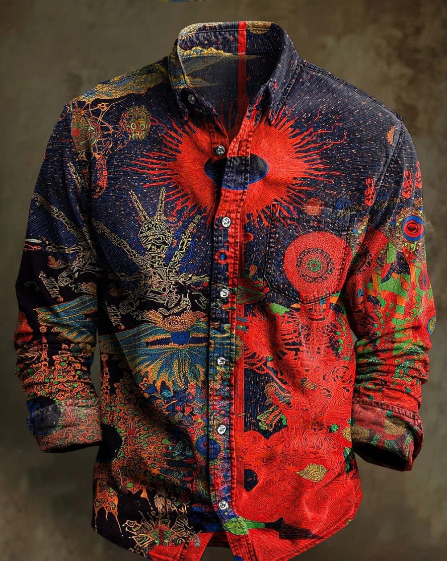 Halloween Men's Bamboo Linen Long Sleeve Shirt Vintage Lapel Shirt