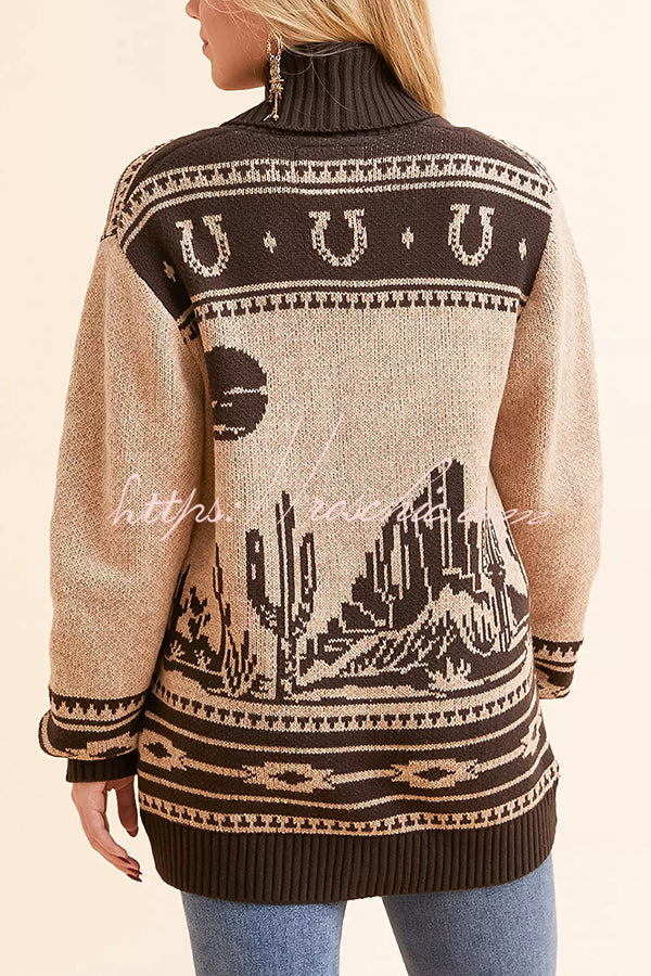 Retro Western Knit Unique Pattern Horn Buttons Pocket Lapel Loose Cardigan