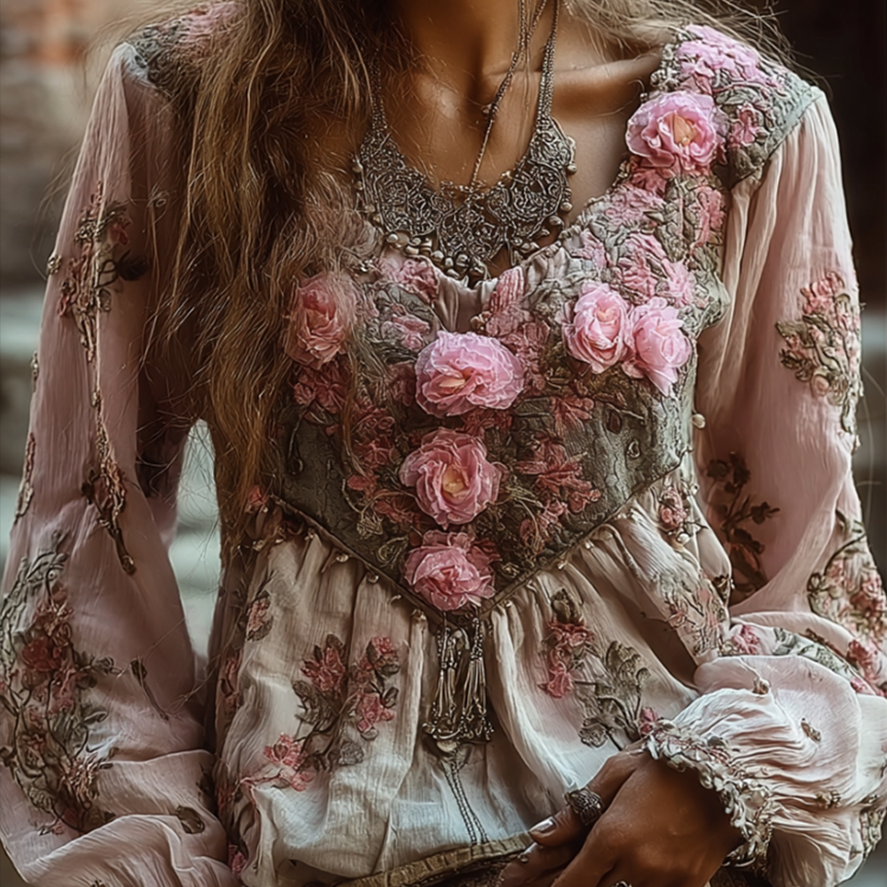 Ladies' Pink Floral Vintage Casual Round-neck White Long-sleeved Top