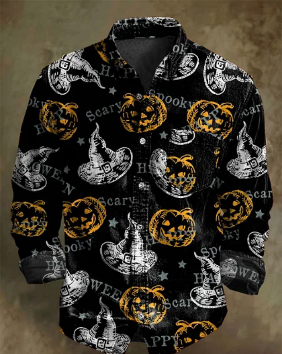 Halloween Men's Bamboo Linen Long Sleeve Shirt Vintage Lapel Shirt