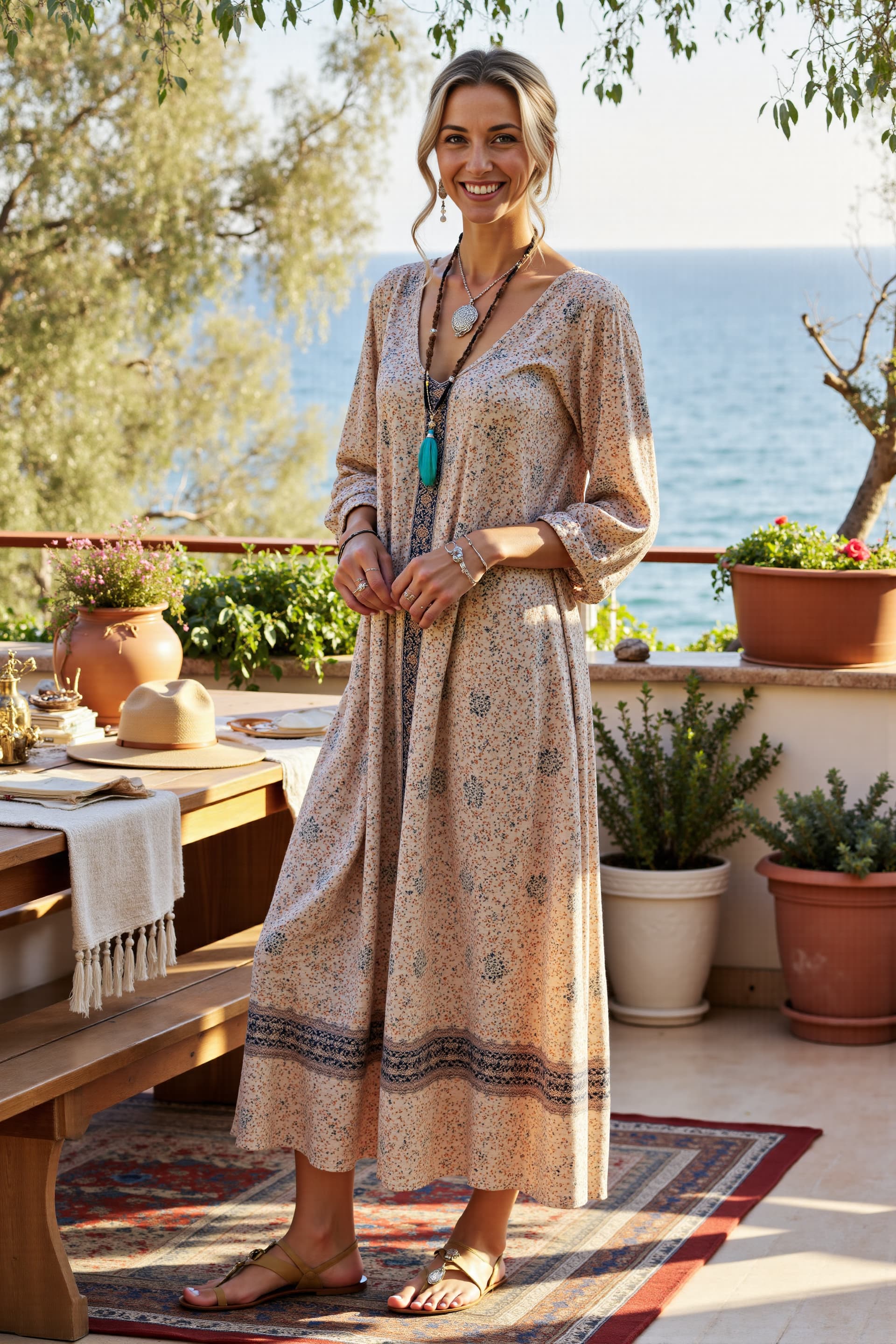 Women's Boho Print Casual Cotton&Line Maxi Dress