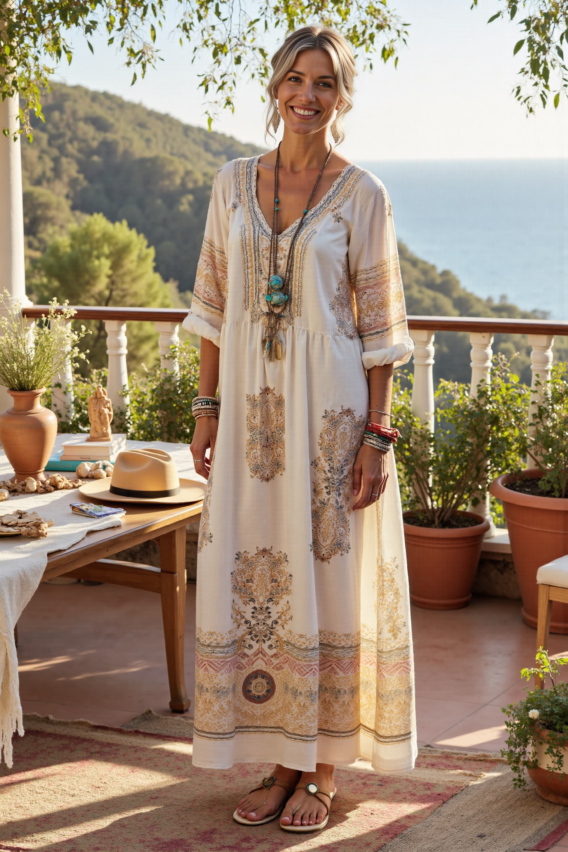 Women's Boho Print Casual Cotton&Line Maxi Dress