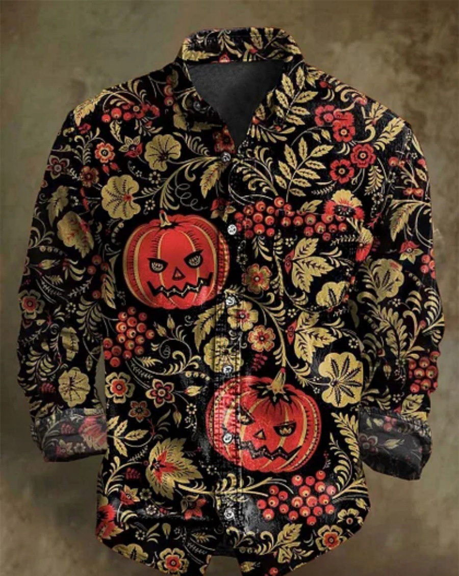 Halloween Men's Bamboo Linen Long Sleeve Shirt Vintage Lapel Shirt