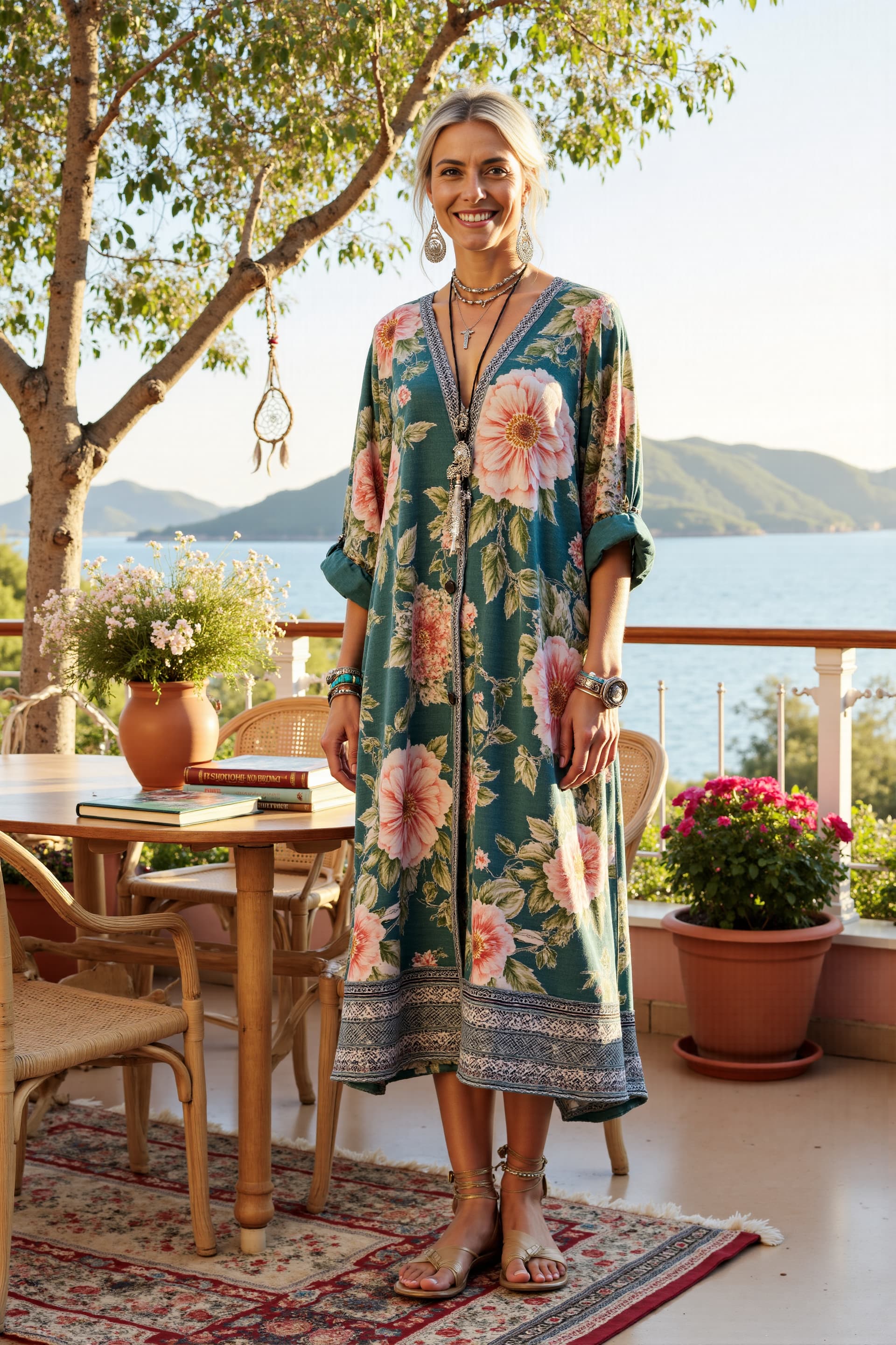 Women's Retro Flower Print Casual Cotton&Line Maxi Dress